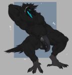  2023 alphi_(nightbirby) anthro avian balls beak bird black_body black_fur bottomwear bulge claws clothed clothing corvid corvus_(genus) crow digital_drawing_(artwork) digital_media_(artwork) feathers feet fur genitals hair hi_res hybrid killianroo knot loincloth looking_at_viewer machine male mammal muscular muscular_anthro muscular_male nude open_mouth oscine passerine penis protogen simple_background smile solo tail talons toes tongue 