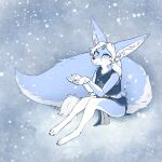  2023 anthro blokfort blue_body blue_eyes canid canine clothed clothing female fennec fox fur hair hi_res kalta_(blokfort) mammal simple_background sitting snow snowing white_body white_hair 