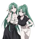  2girls black_shirt blush breasts cleavage closed_mouth collarbone dress earrings green_eyes green_hair hand_on_another&#039;s_back hand_on_another&#039;s_shoulder high-waist_pants highres higurashi_no_naku_koro_ni jewelry long_hair looking_at_viewer multiple_girls necklace nonanonnon6u6 pants parted_bangs ponytail shirt short_sleeves siblings simple_background sisters smile sonozaki_mion sonozaki_shion standing twins white_background white_pants 