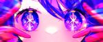  1girl blue_eyes close-up commentary_request double_v eye_focus eyelashes gloves highres hoshino_ai_(oshi_no_ko) idol multicolored_eyes oshi_no_ko partial_commentary pink_eyes pink_gloves purple_eyes purple_hair solo star-shaped_pupils star_(symbol) symbol-shaped_pupils twitter_username v v_over_eye watermark ymdk_htp 