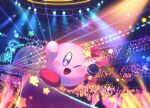  ;d amedama_(akaki_4207) audience blush commentary_request concert cosplay full_body glowstick highres holding holding_microphone hoshino_ai_(oshi_no_ko) hoshino_ai_(oshi_no_ko)_(cosplay) jumping kirby kirby_(series) looking_at_viewer microphone no_humans one_eye_closed open_mouth oshi_no_ko penlight_(glowstick) purple_eyes red_ribbon ribbon screen smile sparkle spotlight stage stage_lights star_(symbol) 