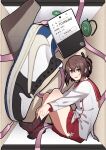  1girl adjusting_sock black_ribbon black_socks brown_eyes brown_hair etou_kanami hair_ribbon highres jouhou long_sleeves looking_at_viewer minoseki_gakuin_uniform nike one_side_up open_mouth pleated_skirt price_tag red_sailor_collar red_skirt ribbon sailor_collar school_uniform serafuku shoe_box shoes short_hair sitting skirt sneakers socks toji_no_miko 