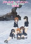  5girls ahoge akiyama_yukari anglerfish black_eyes black_footwear black_hair black_socks black_thighhighs blizzard blue_jacket blunt_bangs boots brown_eyes brown_hair closed_mouth commentary_request copyright_name emblem fish flag frown girls_und_panzer girls_und_panzer_saishuushou green_shirt grey_sky hairband hand_on_another&#039;s_shoulder highres isuzu_hana jacket kneeling leaning_forward long_hair long_sleeves looking_to_the_side messy_hair military_uniform military_vehicle miniskirt motor_vehicle multiple_girls nishizumi_miho official_art on_one_knee ooarai_(emblem) ooarai_military_uniform open_mouth orange_eyes orange_hair outdoors overcast panzerkampfwagen_iv pleated_skirt reizei_mako shirt short_hair sitting skirt sky smoke snowing socks standing takebe_saori tank thighhighs uniform watermark white_flag white_hairband white_skirt winter zipper 