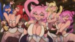  animal_ears blonde_hair blue_hair breasts cait_(corruption_of_champions) cat_ears cat_tail clone_harem corruption_of_champions_2 drunk highres large_breasts legendsnjk miniskirt multiple_girls panties party pink_hair pouring pouring_onto_self presenting purple_hair red_hair skirt tail underwear undressing 