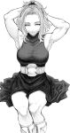  1girl adjusting_hair armpits arms_behind_head arms_up bare_arms bare_shoulders boku_no_hero_academia boots breasts closed_mouth expressionless greyscale highres lady_nagant large_breasts looking_at_viewer medium_hair monochrome parted_bangs sitting sleeveless_turtleneck_dress solo thighs tsukumo_momo 