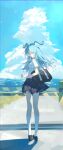  1girl absurdres alternate_costume bag black_footwear black_skirt blue_eyes blue_hair blue_sky cloud elira_pendora frown full_body hair_over_one_eye head_wings highres lai_dou_laile_555 light_blue_hair loafers looking_at_viewer looking_back nijisanji nijisanji_en ocean pleated_skirt road school_bag shirt shoes short_sleeves shoujo_rei_(vocaloid) skirt sky socks solo virtual_youtuber white_shirt white_socks wings 