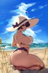  1girl ass beach bikini black_hair blue_sky breasts day filia_(skullgirls) frilled_bikini frills from_behind hat highres large_breasts lips looking_at_viewer looking_back ocean outdoors parted_lips red_eyes rirurirue sand seiza short_hair sideboob sitting skullgirls sky smile solo swimsuit thick_thighs thighs 