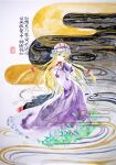  blonde_hair cellphone dress graphite_(medium) highres ikeda_ruriko kuji-in long_hair phone purple_dress purple_eyes solo touhou traditional_media white_headwear yakumo_yukari 