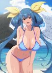  1girl angel_wings arm_under_breasts asymmetrical_wings bare_shoulders beach bikini blue_bikini blue_sky blush breasts cleavage cloud cloudy_sky dizzy_(guilty_gear) fuuma_(bangolga1) groin guilty_gear guilty_gear_xrd guilty_gear_xx hair_rings hanging_breasts large_breasts leaning_forward long_hair looking_at_viewer mature_female monster_girl navel ocean open_mouth shaded_face sidelocks skindentation sky solo stomach swimsuit tail thick_thighs thighs twintails water wings 
