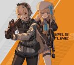  2girls absurdres aiming beret blonde_hair blue_eyes blue_ribbon copyright_name counter-strike_(series) cowboy_shot ear_protection english_commentary frown fur_collar gar32 gauze girls&#039;_frontline girls&#039;_frontline_2:_exilium gloves gun hair_between_eyes hat highres holding holding_gun holding_weapon long_sleeves looking_away magazine_(weapon) multiple_girls muzzle_brake neck_ribbon open_mouth ots-14 ots-14_(girls&#039;_frontline) parody plaid plaid_skirt plate_carrier ribbon shirt short_hair side_ponytail skirt smoke_grenade standing striped striped_shirt tactical_clothes thigh_pouch vepley_(girls&#039;_frontline_2) vepr-12 vertical_foregrip vest weapon white_headwear yellow_eyes yellow_vest 