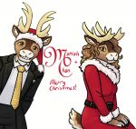  anthro antlers belt brown_body brown_fur brown_hair christmas christmas_clothing christmas_headwear clothed clothing countershading deer digital_drawing_(artwork) digital_media_(artwork) donny_blevins dress duo english_text female fingers fully_clothed fur hair hat headgear headwear holidays horn humor inner_ear_fluff jose_mari_chan looking_at_viewer male mammal mariah_carey necktie new_world_deer red_clothing reindeer santa_hat smile suit_and_tie text tuft 