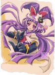  1girl artist_logo black_gloves bow commentary_request cure_magical dress earrings elbow_gloves eyelashes gloves graph_paper hair_bow hair_ornament half_updo happy hat izayoi_liko jewelry kamikita_futago long_hair looking_at_viewer magical_girl mahou_girls_precure! mini_hat mini_witch_hat mixed-language_commentary official_art paper_background precure purple_eyes purple_hair signature simple_background sleeveless sleeveless_dress smile solo tilted_headwear watercolor_background witch witch_hat 
