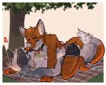  absurd_res anthro canid canine canis clothed clothing collar duo eyes_closed fenneckiro fox hi_res kissing male male/male mammal romantic romantic_couple topless wolf 