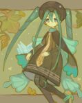  1girl black_cape black_pantyhose blue_eyes blue_hair blue_wings blush book brown_dress brown_headwear bug_miku_(project_voltage) butterfly_wings cape closed_mouth commentary_request dress eyeshadow fake_wings grey_eyeshadow hair_between_eyes hat hatsune_miku korean_commentary kuzuvine leaf long_hair long_sleeves looking_at_viewer makeup muted_color necktie open_book pantyhose pokemon project_voltage shoes solo twintails very_long_hair vocaloid wings yellow_necktie 