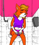  5_fingers anthro canid canine canis clothed clothing digital_media_(artwork) dispenser feces female fingers fox fur hair mammal scat simple_background solo toilet toilet_seat unknown_artist 