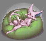  2023 absurd_res anthro bean_bag big_ears concentration cubow digitigrade eeveelution espeon featureless_crotch forehead_gem forked_tail front_view full-length_portrait generation_2_pokemon glowing glowing_eyes grey_background grey_nose hi_res high-angle_view holding_note_pad holding_object holding_pencil looking_down lying male nintendo nude on_back on_bean_bag paws pencil_(object) pokemon pokemon_(species) portrait purple_sclera semi-anthro simple_background solo tail tongue tongue_out unusual_anatomy unusual_tail white_eyes white_glow 