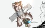  2boys :3 ainu_clothes animal_ears arms_behind_head bara blush brown_hair chest_hair dr_whiger embarrassed full_body furry furry_male grey_fur highres horkeu_kamui kid_taped_to_wall_(meme) large_pectorals male_focus master_4_(housamo) meme multiple_boys muscular muscular_male pectorals pelvic_curtain tokyo_afterschool_summoners two-tone_fur white_fur wolf_boy wolf_ears 