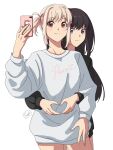  2girls artist_name black_hair black_sweater blonde_hair cellphone closed_mouth clothes_writing commentary couple cowboy_shot english_commentary heart heart_hands highres holding holding_phone inoue_takina jewelry kuromahikaren long_hair long_sleeves looking_at_viewer lycoris_recoil multiple_girls nishikigi_chisato one_side_up phone puffy_sleeves purple_eyes red_eyes ring short_hair sidelocks simple_background smartphone smartphone_case smile sweater taking_picture wedding_ring white_background white_sweater yuri 