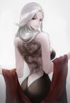  1girl ass back_tattoo backless_dress backless_outfit bare_shoulders black_dress breasts butt_crack closed_mouth dark_persona dragon_tattoo dress gradient_background grey_hair highres large_breasts long_hair looking_at_viewer looking_back medium_hair niijima_sae pale_skin persona persona_5 red_eyes red_shawl shadow_sae shawl sideboob simple_background smile solo tattoo tommy_(kingdukeee) twitter_username white_background white_hair 