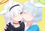  2girls ^_^ arona_(blue_archive) benetto black_choker blue_archive blue_hair blunt_bangs blush cheek-to-cheek choker closed_eyes grey_hair hair_over_one_eye halo heads_together hug multiple_girls plana_(blue_archive) school_uniform serafuku simple_background smile sweatdrop upper_body white_choker yellow_background 