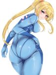  1girl ass back blonde_hair blue_bodysuit blue_eyes blush bodysuit breasts high_ponytail highres large_breasts long_hair looking_at_viewer looking_back metroid mole mole_under_mouth ponytail ryou_(619-619) samus_aran sidelocks solo thighs zero_suit 