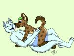  anthro belly black_eyes blue_bottomwear blue_clothing blue_pants blue_tongue bottomwear breasts brown_body brown_fur canid canine canis clothing cuddling curled_tail duo face_lick female female_on_top fur green_hair hair hi_res hyena kissing laugh licking male male/female mammal on_top pants pink_tongue raised_tail size_difference small_breasts small_waist smaller_female smile spots spotted_body spotted_hyena tail tan_belly teenager telegram_sticker tongue tongue_out vannie_(w31rd) w31rd wholesome wolf ych_(character) young 