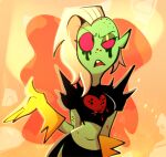  4_fingers alien alien_humanoid breasts clothed clothing female fingers gloves green_body hair half-length_portrait handwear hi_res humanoid long_hair lord_dominator midriff navel not_furry open_mouth pest0sauce portrait red_sclera signature solo wander_over_yonder white_hair 