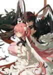  2girls akemi_homura akuma_homura black_dress black_feathers black_gloves black_hair black_wings bow choker closed_mouth dress elbow_gloves feathers gloves hair_between_eyes hair_bow hairband highres kaname_madoka long_hair looking_at_viewer mahou_shoujo_madoka_magica mahou_shoujo_madoka_magica:_hangyaku_no_monogatari multiple_girls pg_(pgouwoderen) pink_hair pink_thighhighs red_bow red_eyes red_hairband seiza sidelocks sitting thighhighs ultimate_madoka white_bow white_choker white_dress white_feathers white_gloves white_wings wings yellow_eyes yuri 