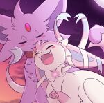  &lt;3 3_fingers ambiguous_gender blue_inner_ear boots_(zeikyz) collar duo eeveelution espeon eyes_closed fangs feral fingers fur generation_2_pokemon generation_6_pokemon licking light_blush looking_up_at_another monotone_body monotone_fur moon multicolored_body multicolored_fur nintendo open_mouth outside pawpads pink_body pokemon pokemon_(species) purple_body purple_fur purple_inner_ear shoe_(zeikyz) sky star sylveon teeth tongue tongue_out two_tone_body two_tone_fur white_body white_fur zeikyz 