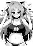  1girl absurdres ahoge animal_ear_fluff animal_ears aroused bare_arms bell black_bra black_choker black_panties black_ribbon blush bra breasts cat_cutout cat_day cat_ears cat_lingerie choker cleavage cleavage_cutout clothing_cutout collarbone commentary_request cowboy_shot curvy dracu-riot! eyelashes greyscale groin hair_intakes hair_ribbon hair_spread_out hakutocake hands_up heart heart-shaped_pupils heavy_breathing highres large_breasts long_hair looking_at_viewer meme_attire monochrome navel neck_bell nose_blush open_mouth panties parted_bangs paw_pose ribbon side-tie_panties sidelocks simple_background solo speech_bubble standing stomach straight-on sweat symbol-shaped_pupils translation_request underwear very_long_hair visible_air wavy_hair white_background yarai_miu 
