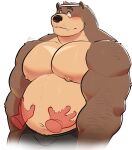  2023 absurd_res accessory anthro bear belly belly_fluff belly_rub big_pecs blush chest_markings clothed clothing disembodied_hand duo eye_scar facial_scar hand_on_stomach headband hi_res male mammal markings moobs musclegut muscular muscular_male nelson_bear nipples overweight overweight_male pecs same22shark scar snaggle_tooth topless 