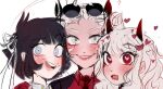  3girls angel azazel_(helltaker) black_hair black_horns black_necktie blue_eyes blush demon demon_girl demon_horns drooling eyewear_on_head halo heart heart-shaped_pupils helltaker highres horns justice_(helltaker) looking_at_viewer modeus_(helltaker) multiple_girls necktie potatohome2 red_eyes red_shirt shirt sweat symbol-shaped_pupils white_background white_eyes white_hair white_shirt 