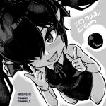  1girl artist_name backbeako blush dated dutch_angle english_commentary from_above gegege_no_kitarou gloves hair_over_one_eye hair_ribbon index_finger_raised kono_lolicon_domome leotard long_hair looking_at_viewer monochrome monochrome_background neck_ribbon open_mouth original pointy_ears ribbon simple_background smile solo torotei translated twintails twitter_username 