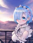  1girl black_ribbon black_sleeves blue_eyes blue_hair blush breasts cloud collar detached_sleeves frilled_collar frills from_side hair_ornament hair_over_one_eye highres horizon large_breasts maid neck_ribbon ocean puffy_detached_sleeves puffy_sleeves railing ramachiru re:zero_kara_hajimeru_isekai_seikatsu rem_(re:zero) ribbon roswaal_mansion_maid_uniform short_hair sky solo two-tone_dress upper_body x_hair_ornament 