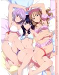  3girls absurdres arm_around_waist arm_up bikini black_hair blue_eyes breasts brown_hair cleavage green_eyes gridman_universe highres large_breasts long_hair looking_at_viewer lying magazine_scan medium_breasts megami_magazine minami_yume multiple_girls navel official_art on_back pillow pink_bikini purple_hair red_eyes scan shinjou_akane short_hair skindentation smile ssss.dynazenon swimsuit takarada_rikka thigh_strap thighs white_bikini 