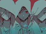  1girl 2boys adjusting_hood arm_up closed_mouth collarbone fingernails hair_between_eyes hair_over_one_eye hatching_(texture) highres hood hood_up kagerou_project kano_shuuya kido_tsubomi linear_hatching long_hair looking_at_viewer mokemoke_chan multiple_boys one_eye_covered parted_lips partially_colored portrait red_background red_eyes sanpaku serious seto_kousuke shirt short_hair side-by-side simple_background slit_pupils smile straight-on turtleneck 