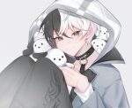  2boys black_choker black_hair black_pants chaco_(fragaria_memories) choker closed_mouth fragaria_memories grey_background grey_eyes grey_hoodie highres hood hood_up hoodie long_sleeves looking_at_viewer male_focus multicolored_hair multiple_boys pants pochacco sanrio smile split-color_hair user_wpmr4745 white_hair white_hoodie 