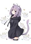  &gt;_&lt; &gt;_o 1girl :3 animal animal_ear_fluff animal_ears black_hoodie braid cat cat_ears cat_girl cat_tail extra_ears hayashi_maka highres hood hood_down hoodie light_purple_hair long_sleeves looking_at_viewer no_pants one_eye_closed original purple_eyes short_hair simple_background sleeves_past_fingers sleeves_past_wrists smile tail thigh_strap white_background x_x 