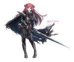  1girl absurdres alternate_costume arknights armor bagpipe_(arknights) black_cape blue_eyes cape commentary franlol full_body greaves highres holding holding_polearm holding_weapon horns long_hair orange_hair polearm solo standing vambraces very_long_hair weapon white_background 
