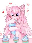  &lt;3 blue_eyes cupcake equid equine eyebrows eyelashes falafeljake fan_character feathered_wings feathers female feral food frosting fur hair hasbro hi_res holding_object hooves inner_ear_fluff long_hair looking_down mammal my_little_pony pegasus pink_body pink_feathers pink_fur pink_hair pink_hooves simple_background smile solo tuft white_background wings 