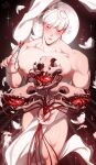  1boy animal_skull bara blush closed_eyes completely_nude covering covering_crotch falling_feathers feathers heart_(organ) highres hoggie_(plna) holding holding_scissors large_pectorals male_focus moon muscular muscular_male nipples nude original pectorals plna scissors short_hair solo thick_thighs thighs white_hair 