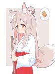  1girl absurdres ahoge animal_ear_fluff animal_ears bamboo_broom blush broom fox_ears fox_tail genderswap genderswap_(mtf) highres holding holding_broom japanese_clothes long_sleeves miko onii-chan_wa_oshimai! orange_eyes oyama_mahiro pink_hair solo tail thinking yama_h15 