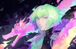  1boy ascot bishounen black_jacket dragon driftwoodwolf expressionless fire green_hair jacket lio_fotia looking_at_viewer male_focus promare purple_eyes solo upper_body 