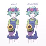  1boy basil_(omori) blue_overalls blush colored_skin english_text flower green_eyes green_hair green_shirt hatoba_(hatoba_yado) head_wreath highres holding_flower_pot looking_at_viewer omori open_mouth overall_shorts overalls plant potted_plant shirt short_hair short_sleeves simple_background sunflower white_background white_skin 
