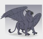  abdominal_bulge after_vore avian beak black_body black_fur elkuernoz feral feral_pred fur gryphon gryphon_pred hi_res horn male male_pred mythological_avian mythology neck_bulge quadruped simple_background thatgryphonguy unwilling_prey vore wings 