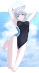  1girl absurdres animal_ear_fluff animal_ears armpits arms_behind_head barefoot black_one-piece_swimsuit blue_archive blue_eyes blue_sky breasts cloud competition_swimsuit covered_navel cross_hair_ornament extra_ears grey_hair hair_ornament halo highres jumping low_ponytail medium_breasts medium_hair mi7t0 mismatched_pupils multicolored_clothes multicolored_swimsuit official_alternate_costume one-piece_swimsuit parted_lips shiroko_(blue_archive) shiroko_(swimsuit)_(blue_archive) sky smile solo swimsuit wolf_ears 