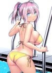  1girl aoba_(kancolle) aqua_eyes ass back bikini blush breasts from_behind hair_between_eyes hair_ornament hair_scrunchie highres kantai_collection kuromayu large_breasts looking_at_viewer looking_back parted_lips pink_hair ponytail pool pool_ladder scrunchie side-tie_bikini_bottom sideboob simple_background solo swimsuit white_background white_bikini yellow_bikini 