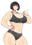  1girl abs black_eyes black_hair black_shorts black_tank_top bob_cut breasts cleavage clenched_hand collarbone fingernails hand_on_own_hip hanzo_(2929) large_breasts looking_at_viewer muscular muscular_female navel original shiny_skin short_hair shorts simple_background solo tank_top thick_thighs thighs white_background 