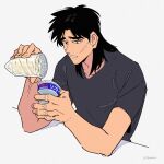  1boy black_eyes black_hair black_shirt commentary_request failure fingernails food grey_background ice_cream ice_cream_cone inudori itou_kaiji kaiji long_hair looking_at_food male_focus medium_bangs parted_bangs scar scar_on_cheek scar_on_ear scar_on_face scar_on_hand shirt short_sleeves simple_background solo t-shirt upper_body 
