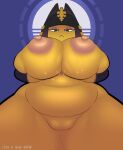  absurd_res animal_crossing ankha_(animal_crossing) anthro belly big_breasts black_eyes black_hair bodily_fluids breast_grab breast_squish breasts domestic_cat dominant dominant_female egyptian erect_nipples eyeshadow felid feline felis female genitals hair hand_on_breast hi_res huge_breasts inviting looking_at_viewer looking_down_at_viewer makeup mammal markings narrowed_eyes nintendo nipples nude puffy_nipples pussy slightly_chubby solo squish sweat sweatdrop sweaty_breasts the_k-hole_(artist) thick_thighs wide_hips yellow_body 